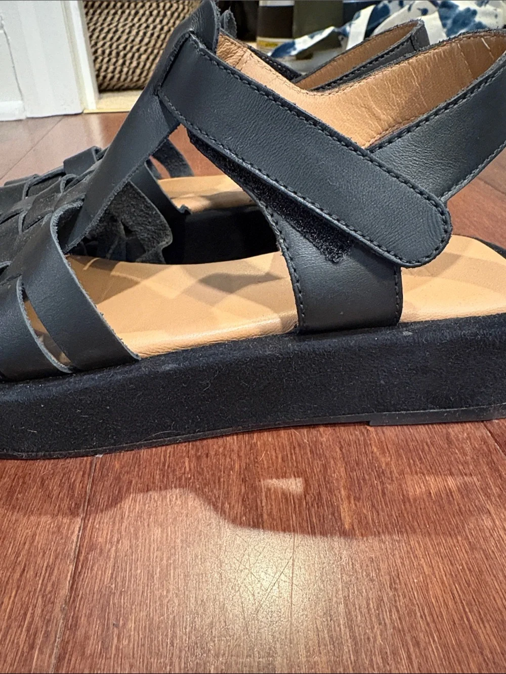 Flattered Black Woven Leather Sandals with Ankle Strap